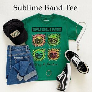 Sublime 40oz to Freedom Sun Faces Graphic Tee Green M NWOT Band Shirt
